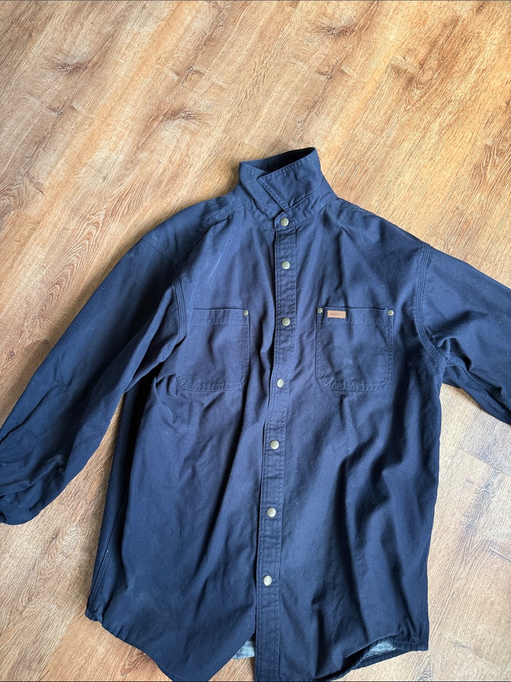 Carhartt Navy Work Shirt with Tan Logo Patch